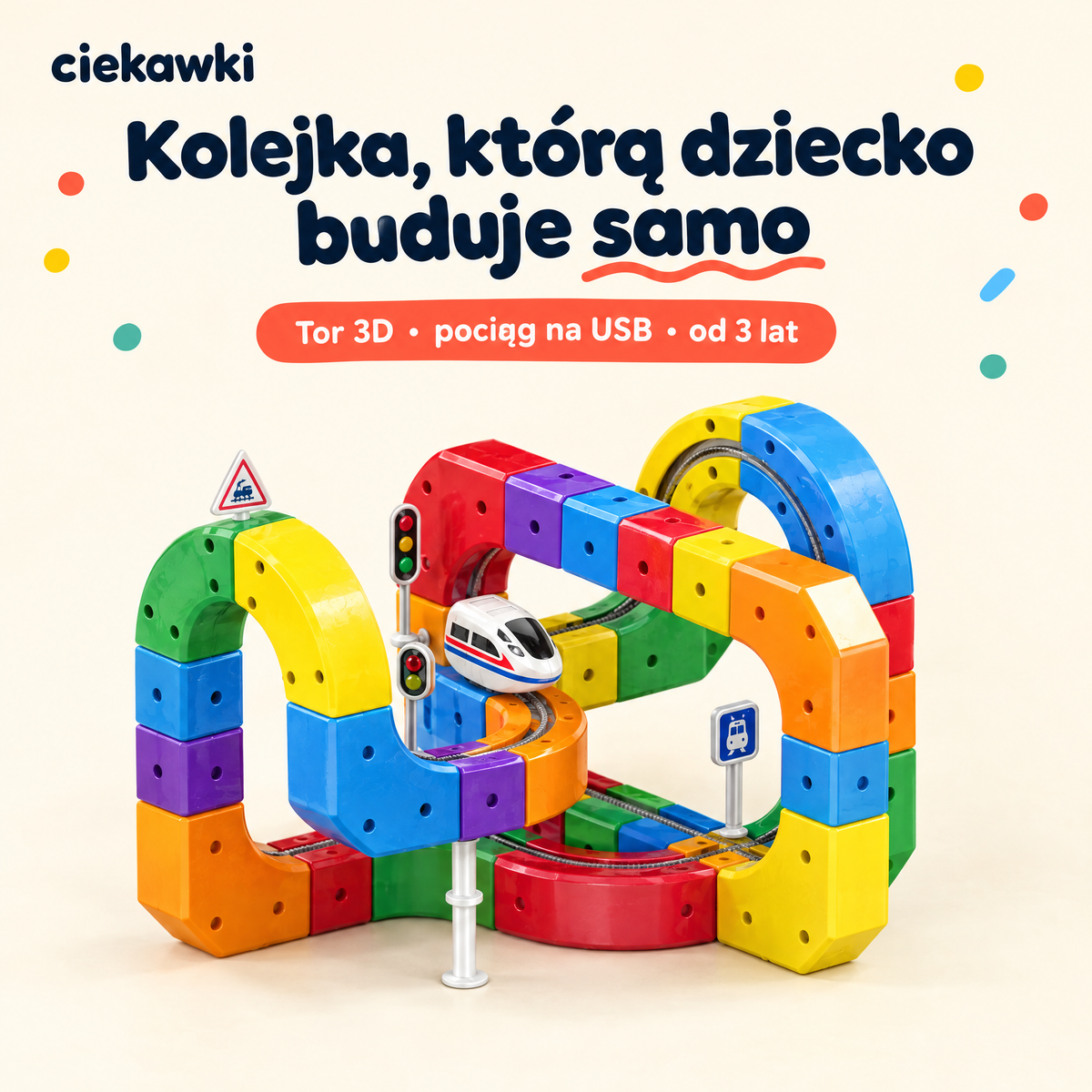 Magnetyczna kolejka 3D — tor z kostek i pociąg na USB