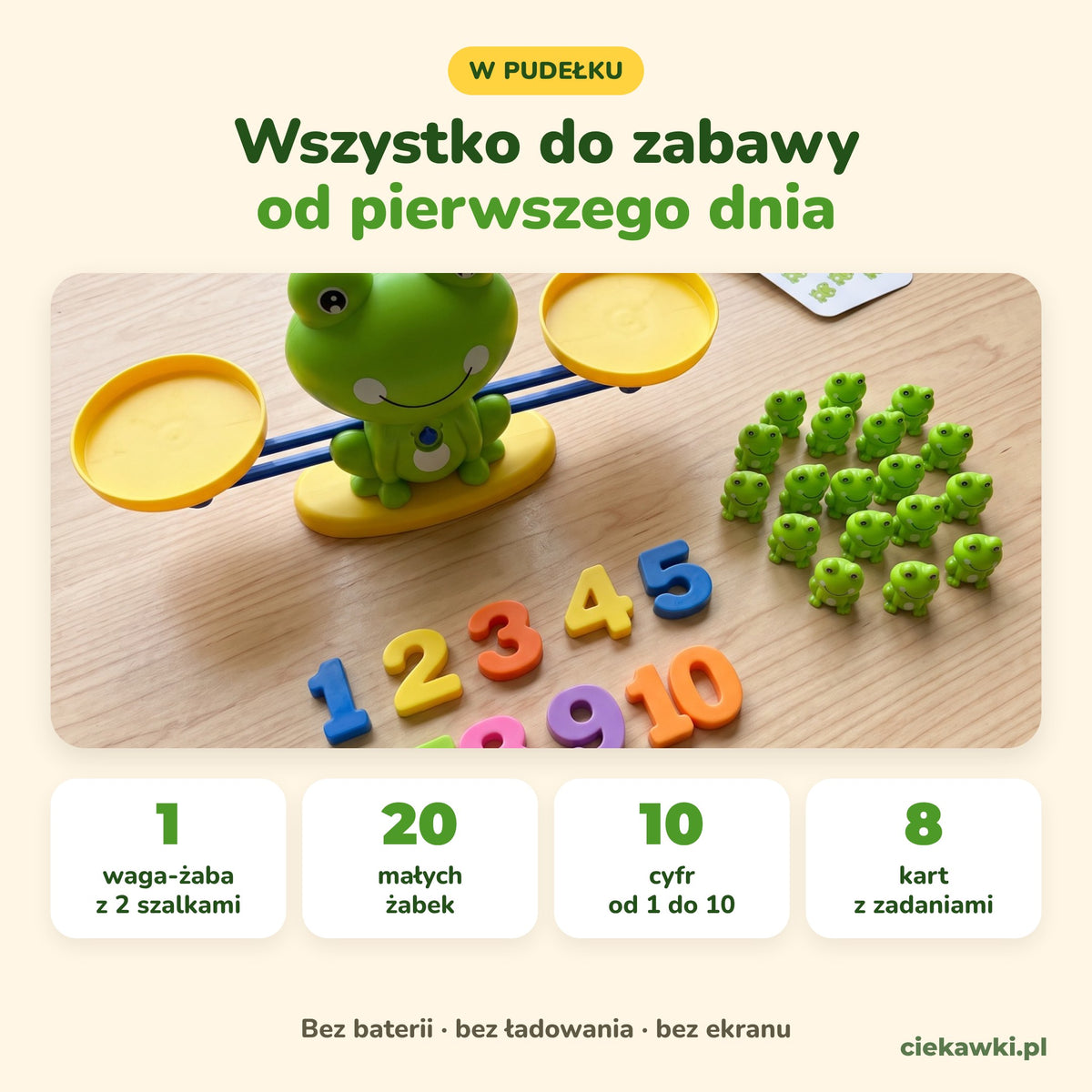 Co jest w zestawie: waga-żaba z 2 szalkami, 20 żabek, 10 cyfr od 1 do 10, 8 kart z zadaniami