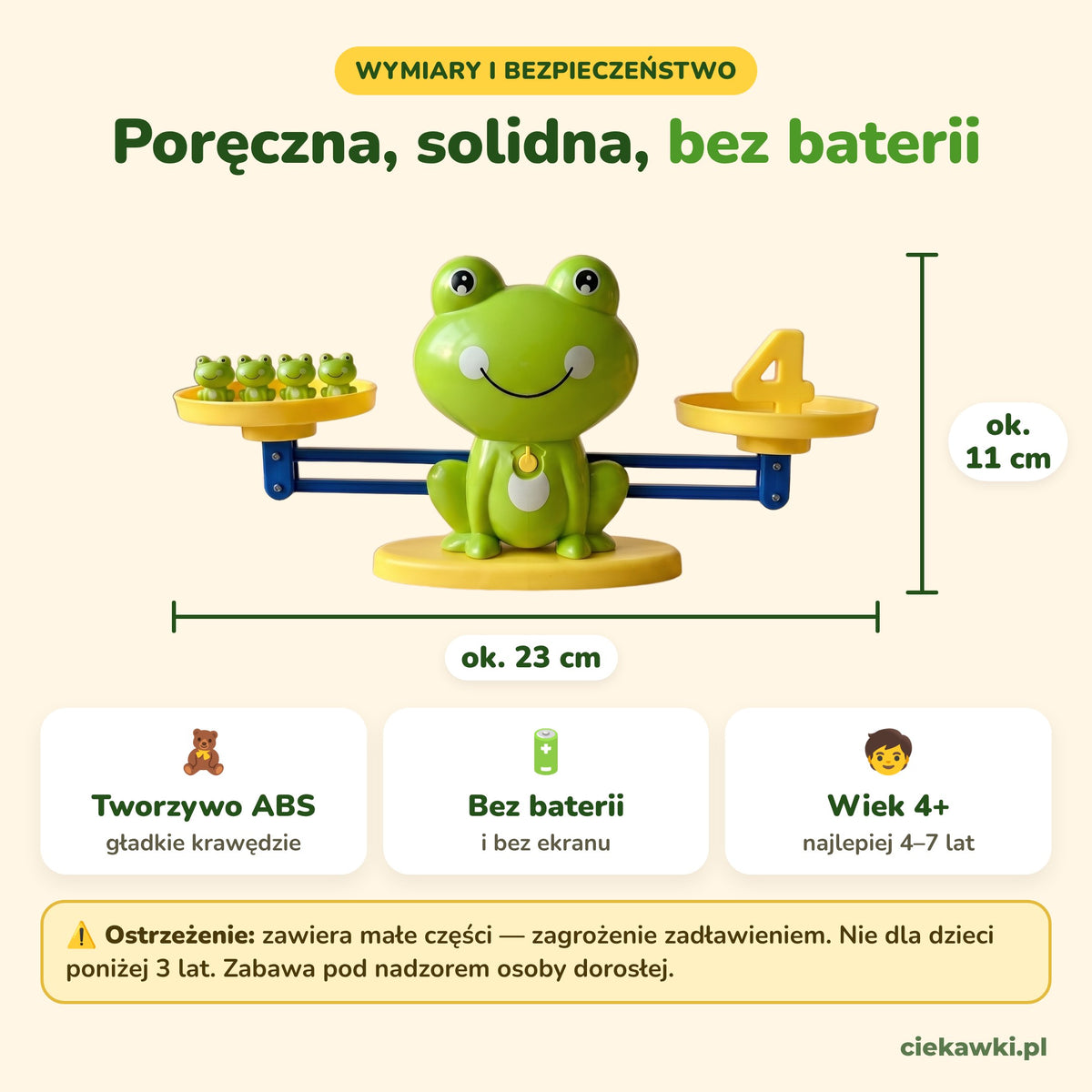 Wymiary ok. 23 × 11 cm, tworzywo ABS, bez baterii, wiek 4+, ostrzeżenie o małych częściach