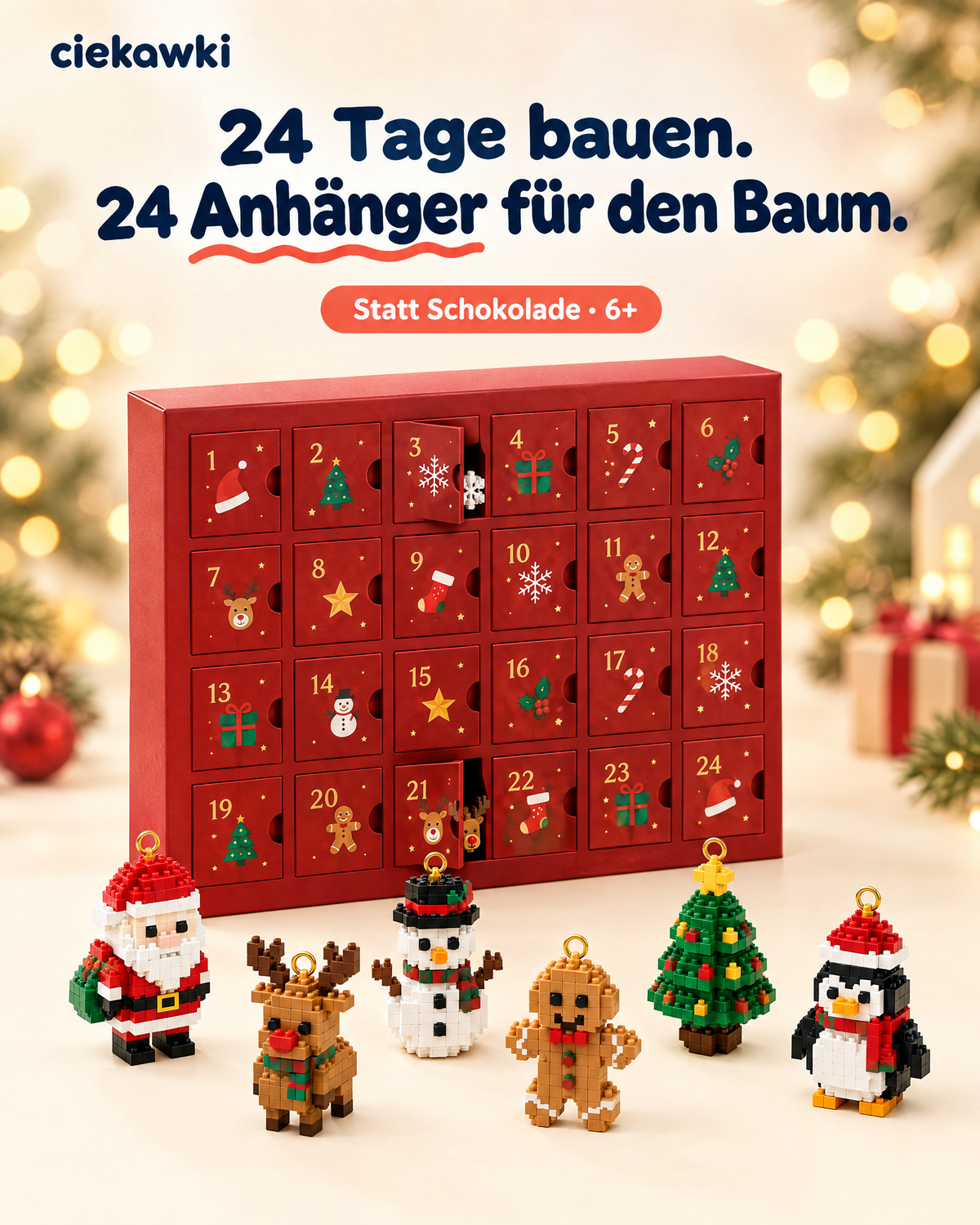 Bausteine-Adventskalender mit 24 Türchen und sechs selbst gebauten Christbaum-Anhängern: Weihnachtsmann, Rentier, Schneemann, Lebkuchenmann, Tannenbaum und Pinguin