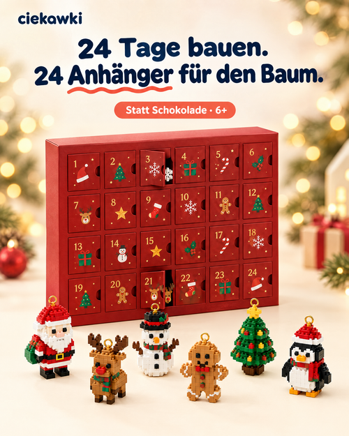 Bausteine-Adventskalender mit 24 Türchen und sechs selbst gebauten Christbaum-Anhängern: Weihnachtsmann, Rentier, Schneemann, Lebkuchenmann, Tannenbaum und Pinguin