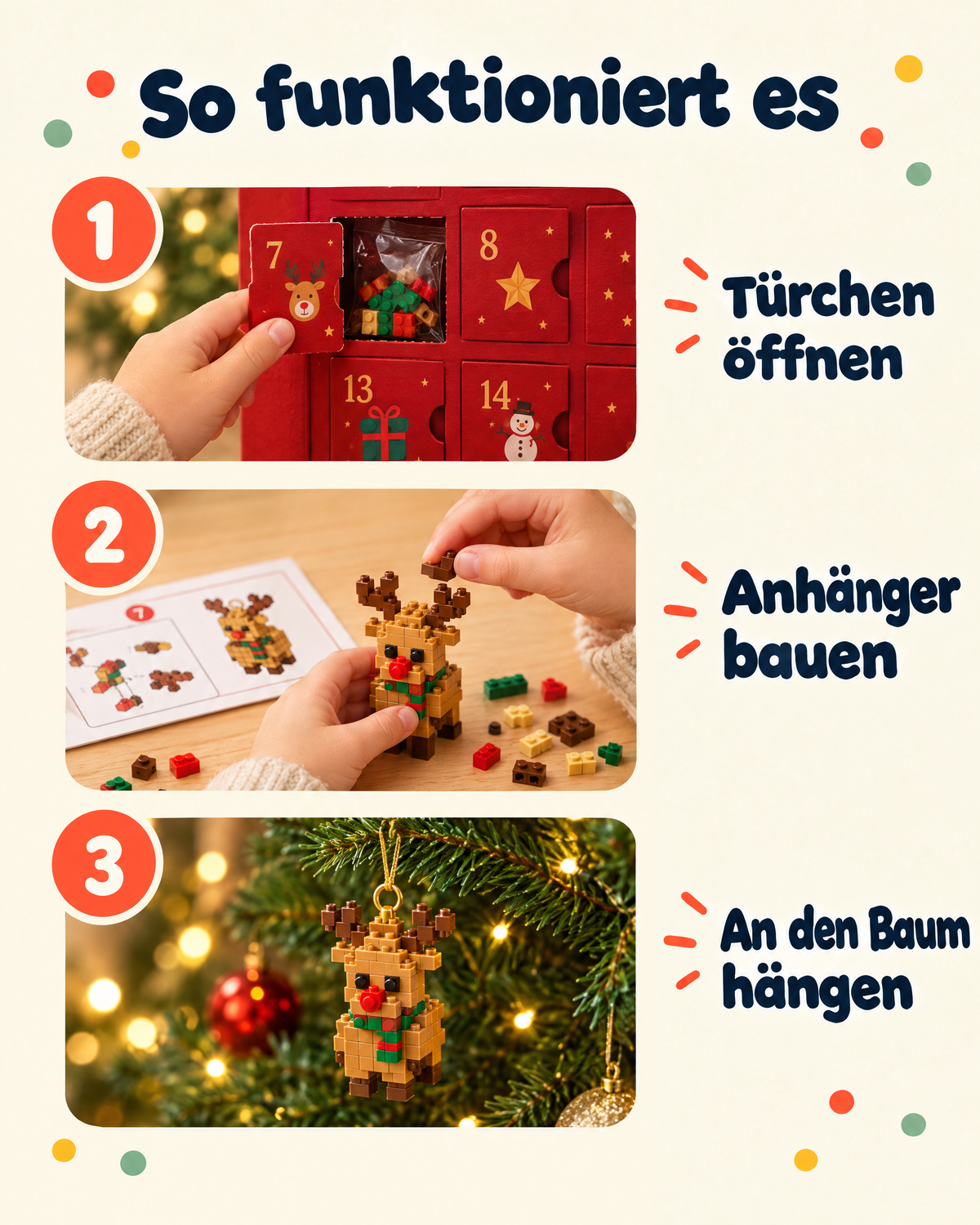 So funktioniert es: Türchen öffnen, Anhänger aus Mini-Bausteinen bauen, an den Weihnachtsbaum hängen