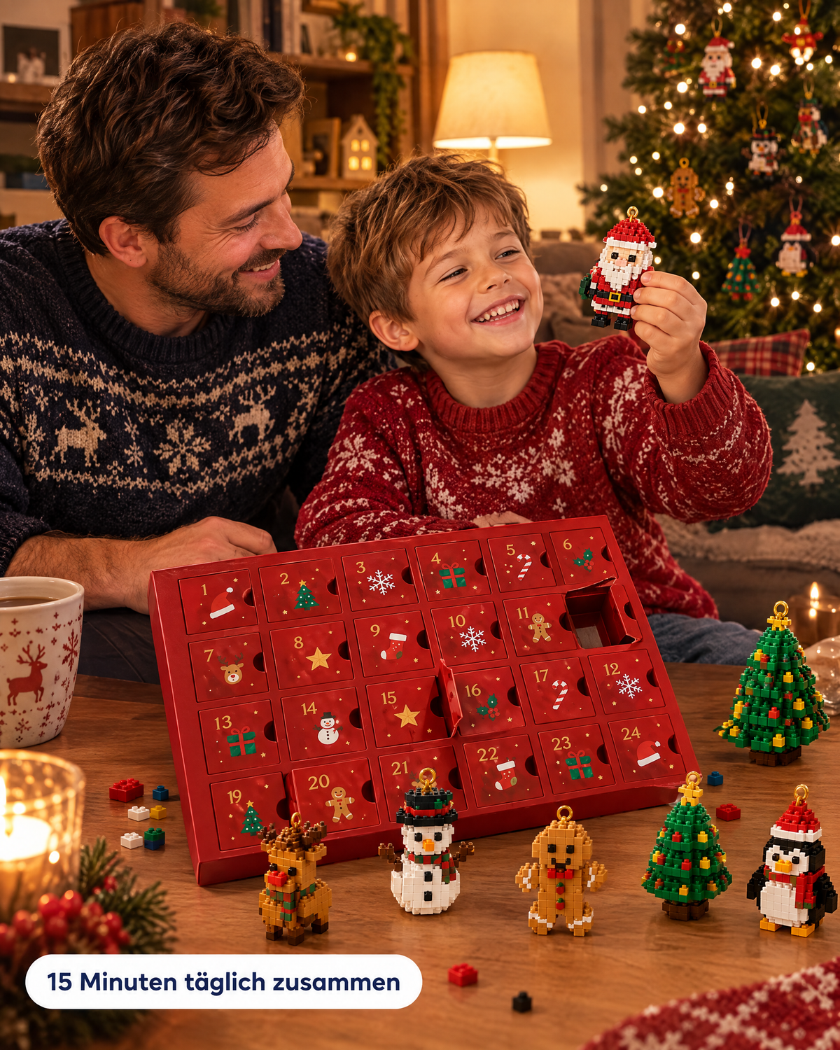 Vater und Sohn bauen gemeinsam Anhänger aus dem Bausteine-Adventskalender – 15 Minuten täglich zusammen