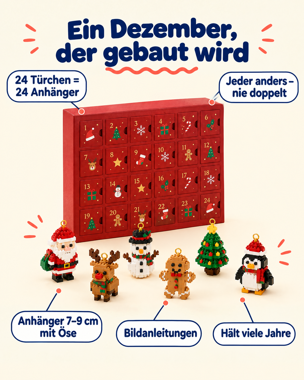 24 Türchen = 24 verschiedene Anhänger (7–9 cm, mit Öse), mit Bildanleitungen