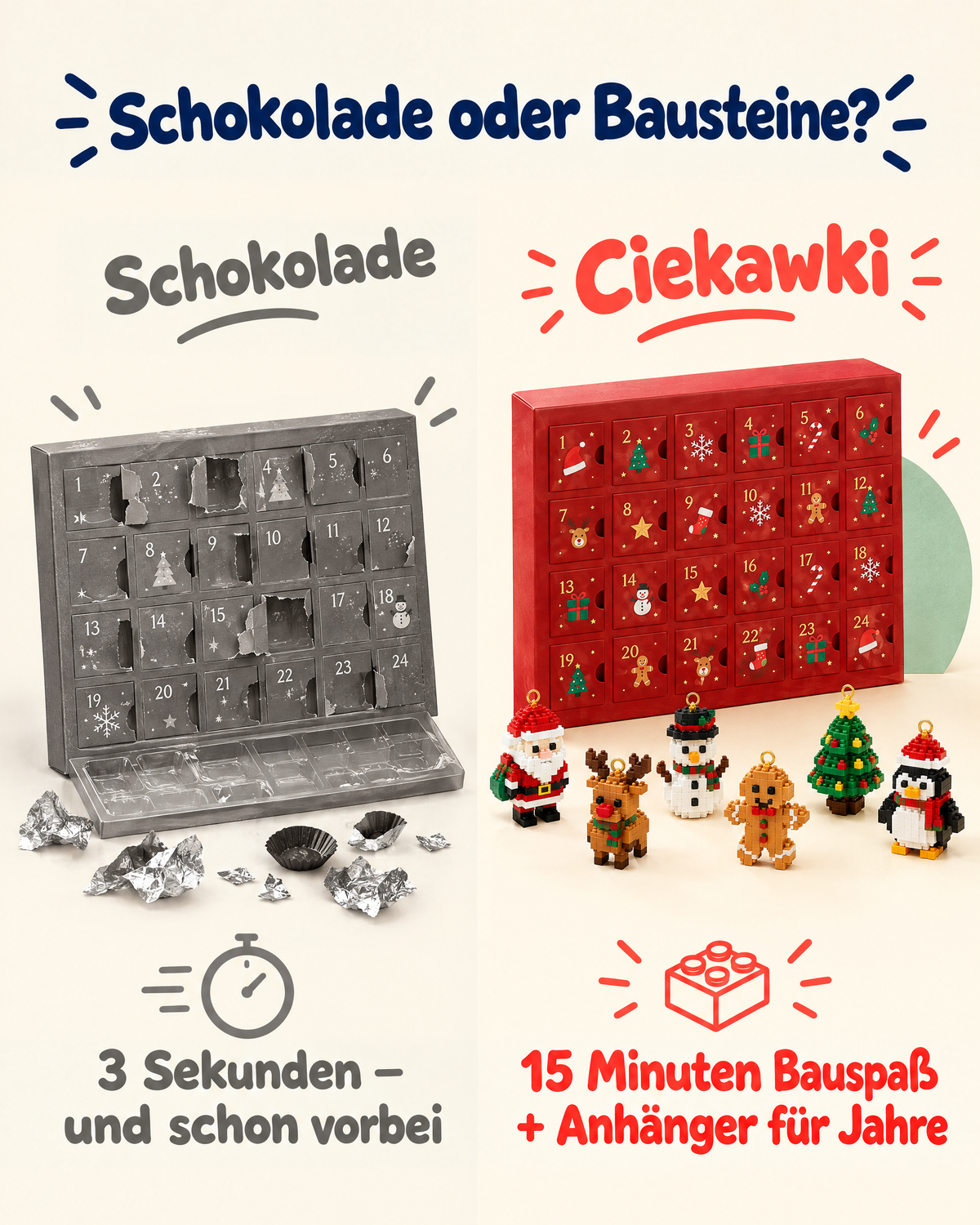 Vergleich: Schokoladen-Adventskalender gegen Bausteine-Adventskalender mit Anhängern für Jahre