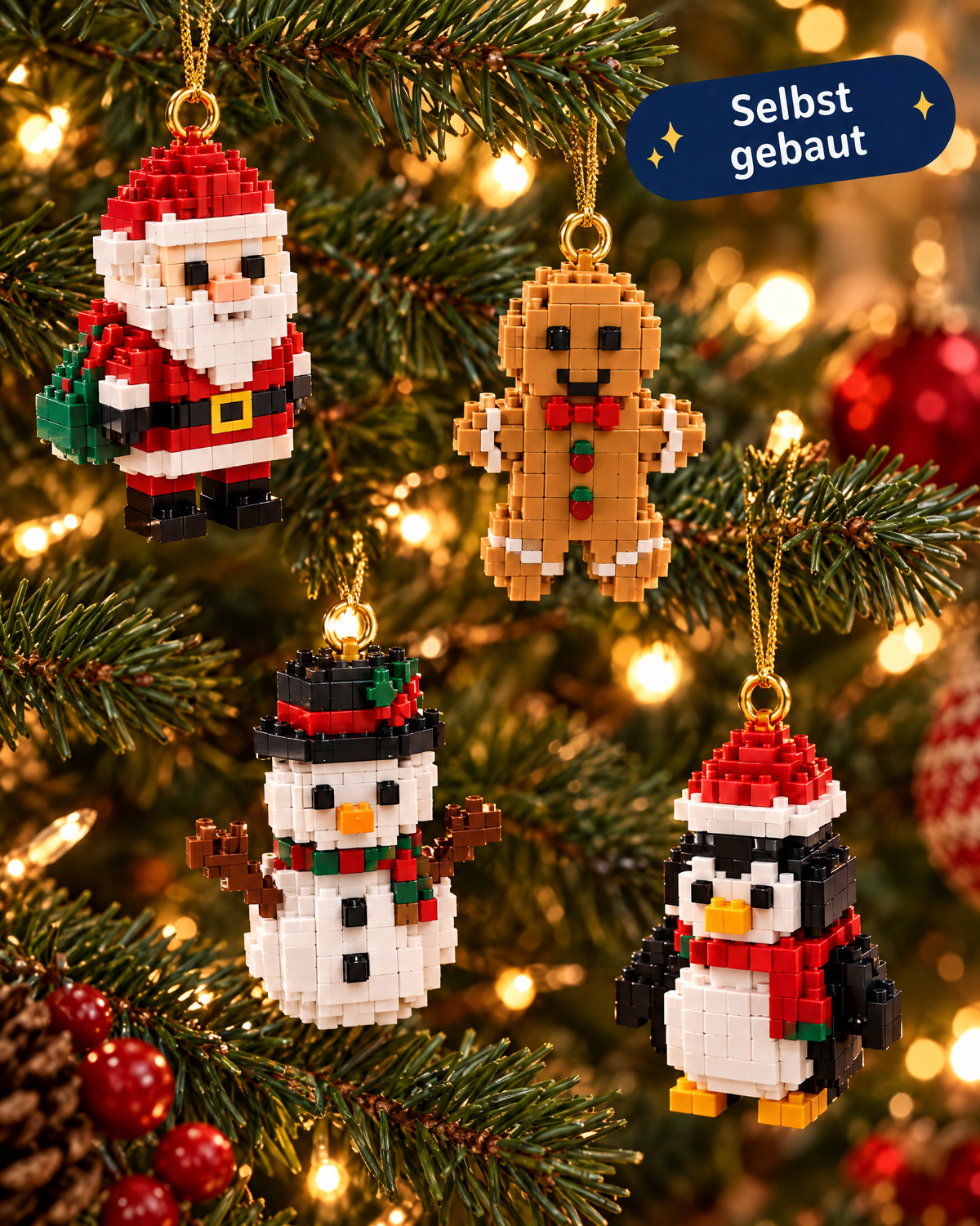 Selbst gebaute Christbaum-Anhänger aus Mini-Bausteinen am Weihnachtsbaum