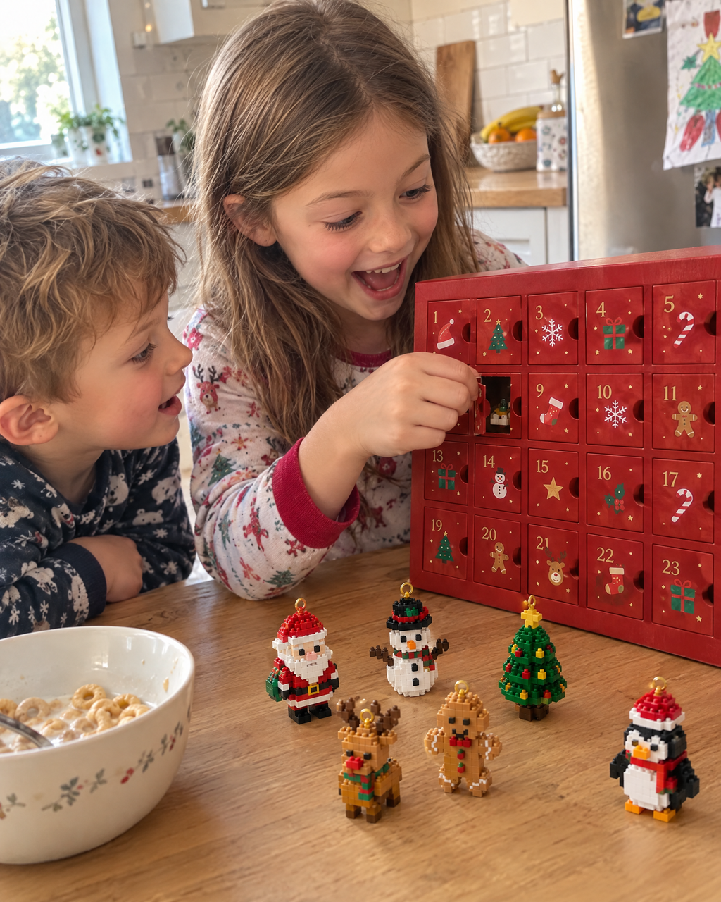 Kinder öffnen am Frühstückstisch ein Türchen des Bausteine-Adventskalenders