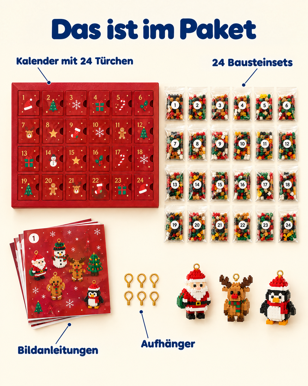 Lieferumfang: Kalender mit 24 Türchen, 24 nummerierte Bausteinsets, Bildanleitungen und Aufhänger