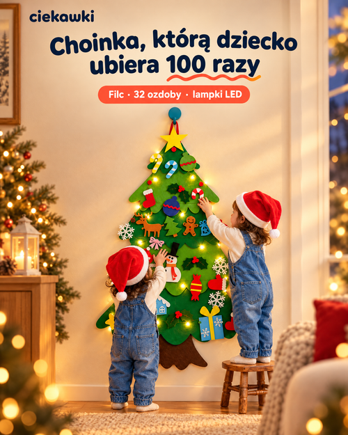 Choinka z filcu dla dzieci z lampkami LED — zdjęcie główne