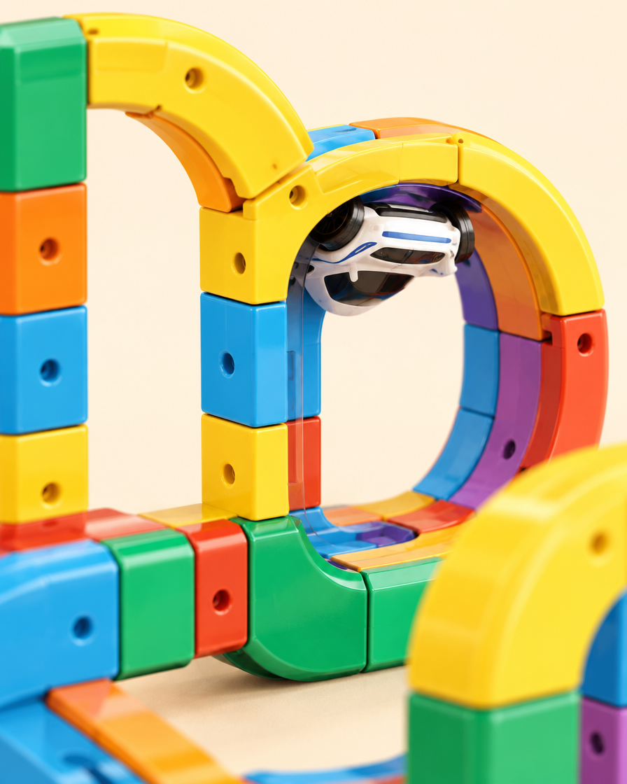 Cubix — tor 3D z kostek z autem na akumulator — zbliżenie