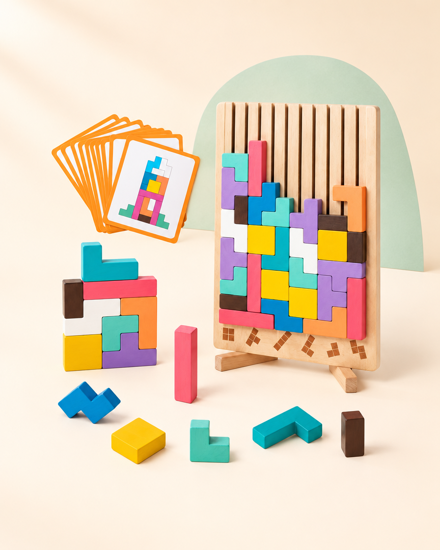 Drewniany Tetris Montessori — układanka z 42 klocków i 10 kart