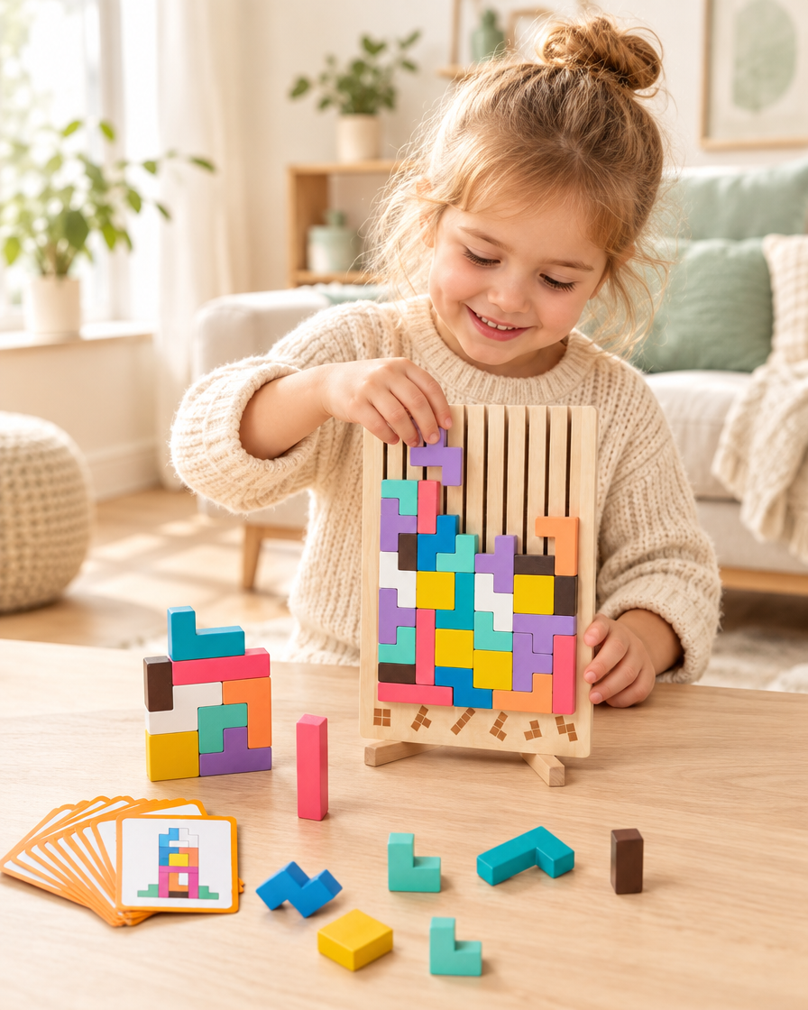 Drewniany Tetris Montessori — układanka z 42 klocków i 10 kart — w użyciu