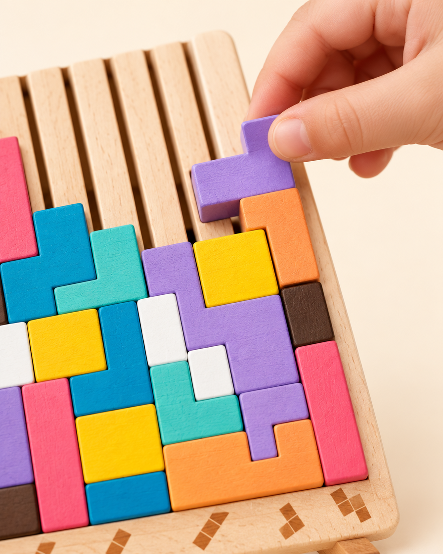 Drewniany Tetris Montessori — układanka z 42 klocków i 10 kart — zbliżenie