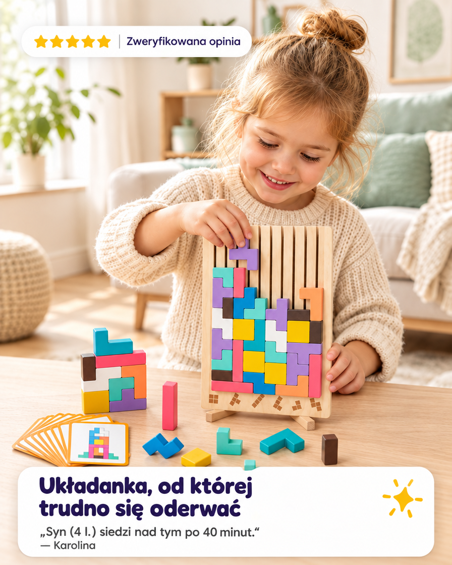 Drewniany Tetris Montessori — układanka z 42 klocków i 10 kart — opinia rodzica
