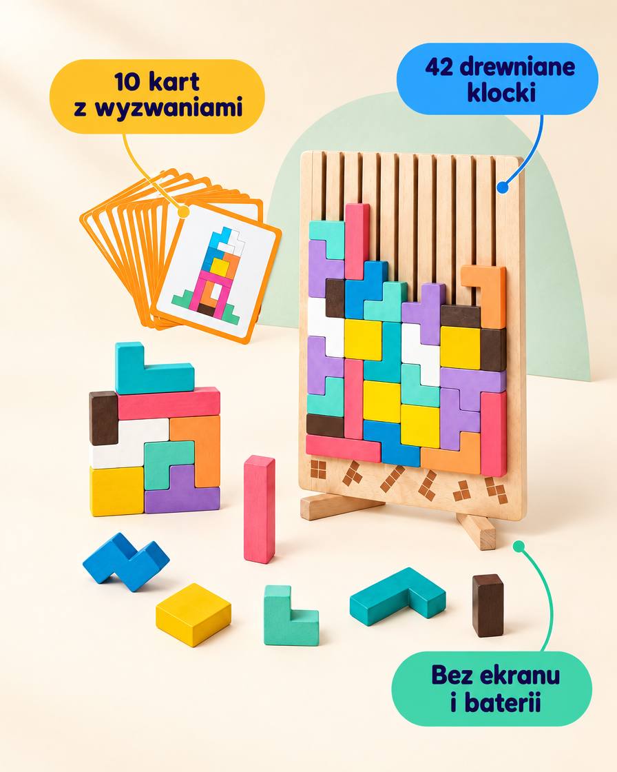 Drewniany Tetris Montessori — układanka z 42 klocków i 10 kart — najważniejsze cechy