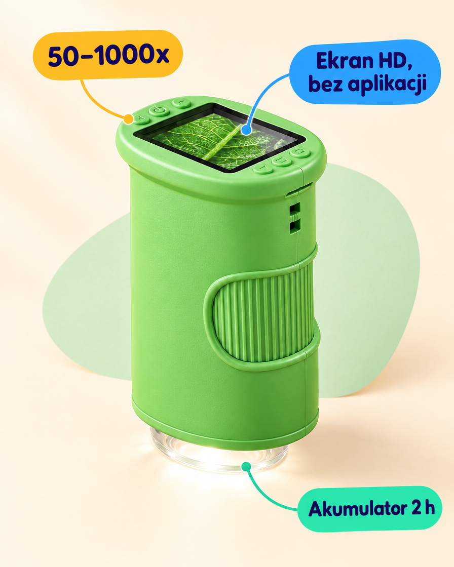 Mikroskop Przygody — cyfrowy mikroskop dla dzieci z ekranem HD, 50–1000x — najważniejsze cechy