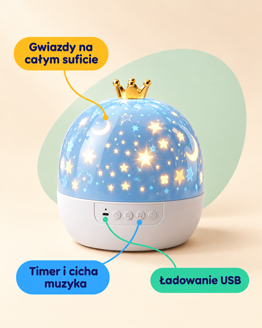 Projektor Nocnego Nieba — lampka LED z muzyką i slajdami