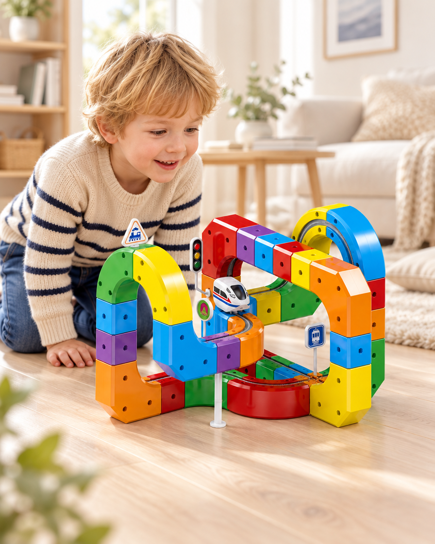 WonderRail™ — kolejka Montessori, 81 elementów z pociągiem na akumulator — w użyciu