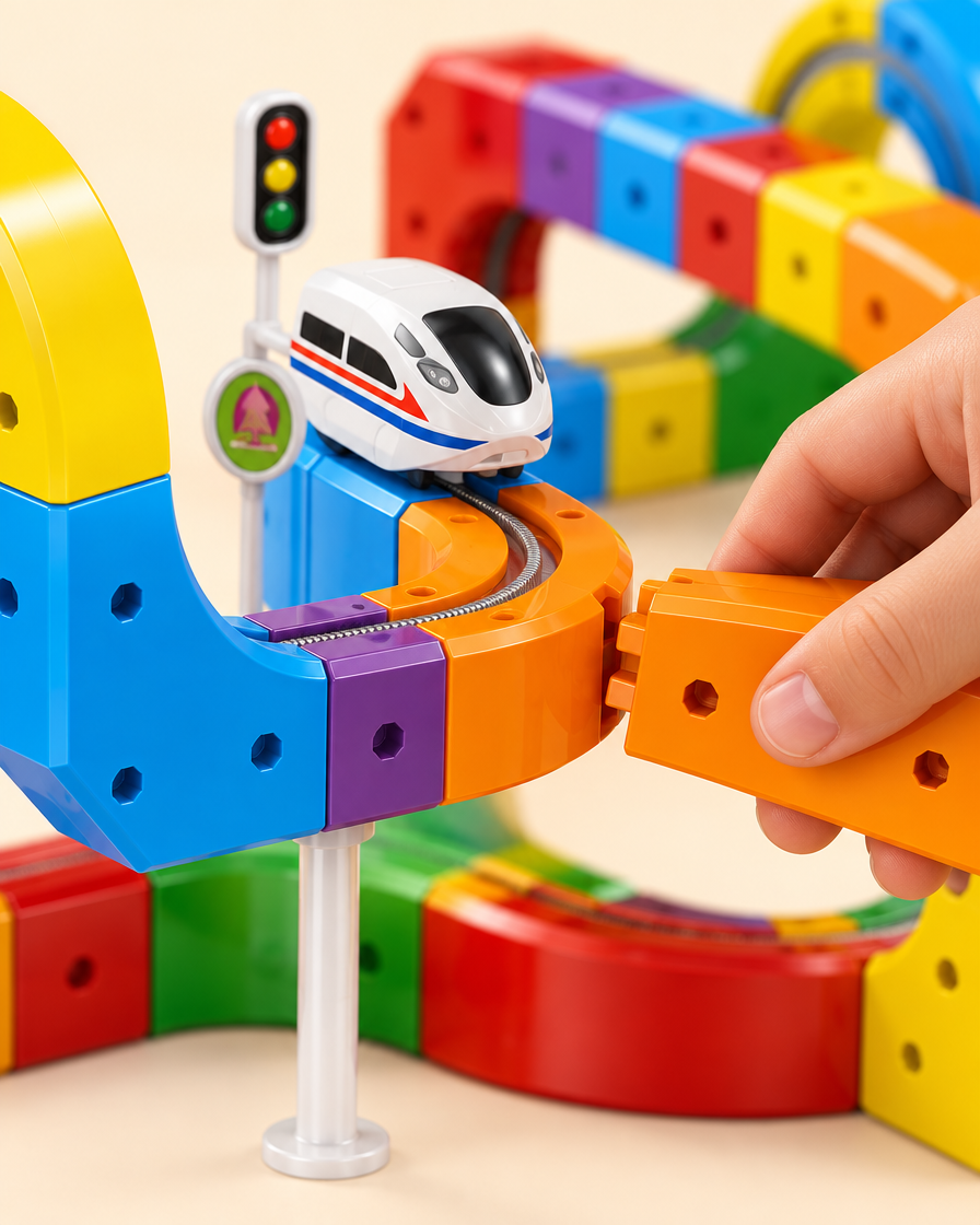 WonderRail™ — kolejka Montessori, 81 elementów z pociągiem na akumulator — zbliżenie
