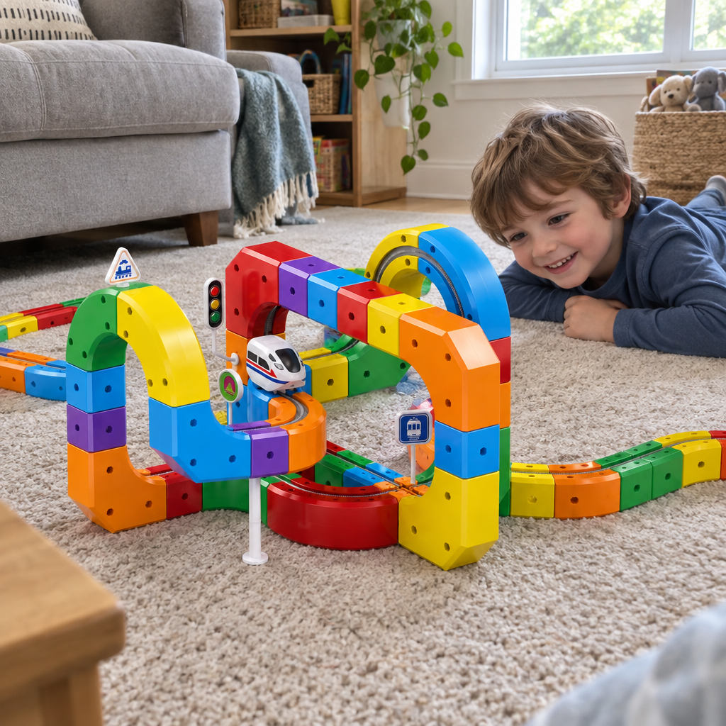 WonderRail™ — kolejka Montessori, 81 elementów z pociągiem na akumulator — zdjęcie od klienta