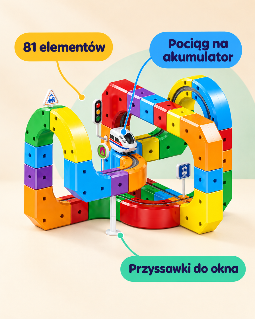 WonderRail™ — kolejka Montessori, 81 elementów z pociągiem na akumulator — najważniejsze cechy