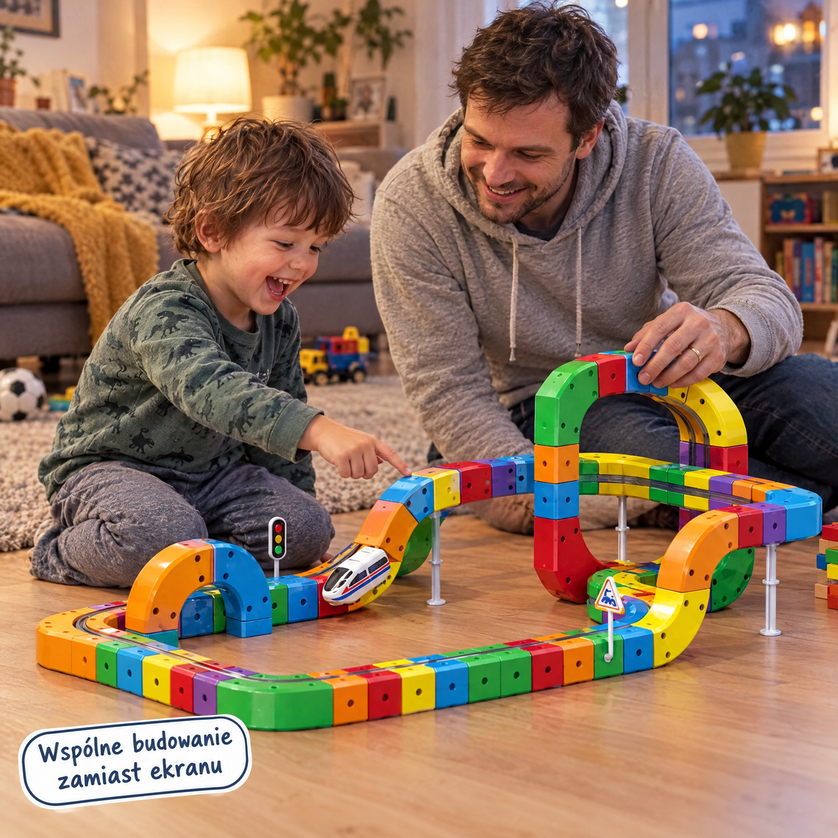 Tata i syn budują kolejkę 3D w salonie
